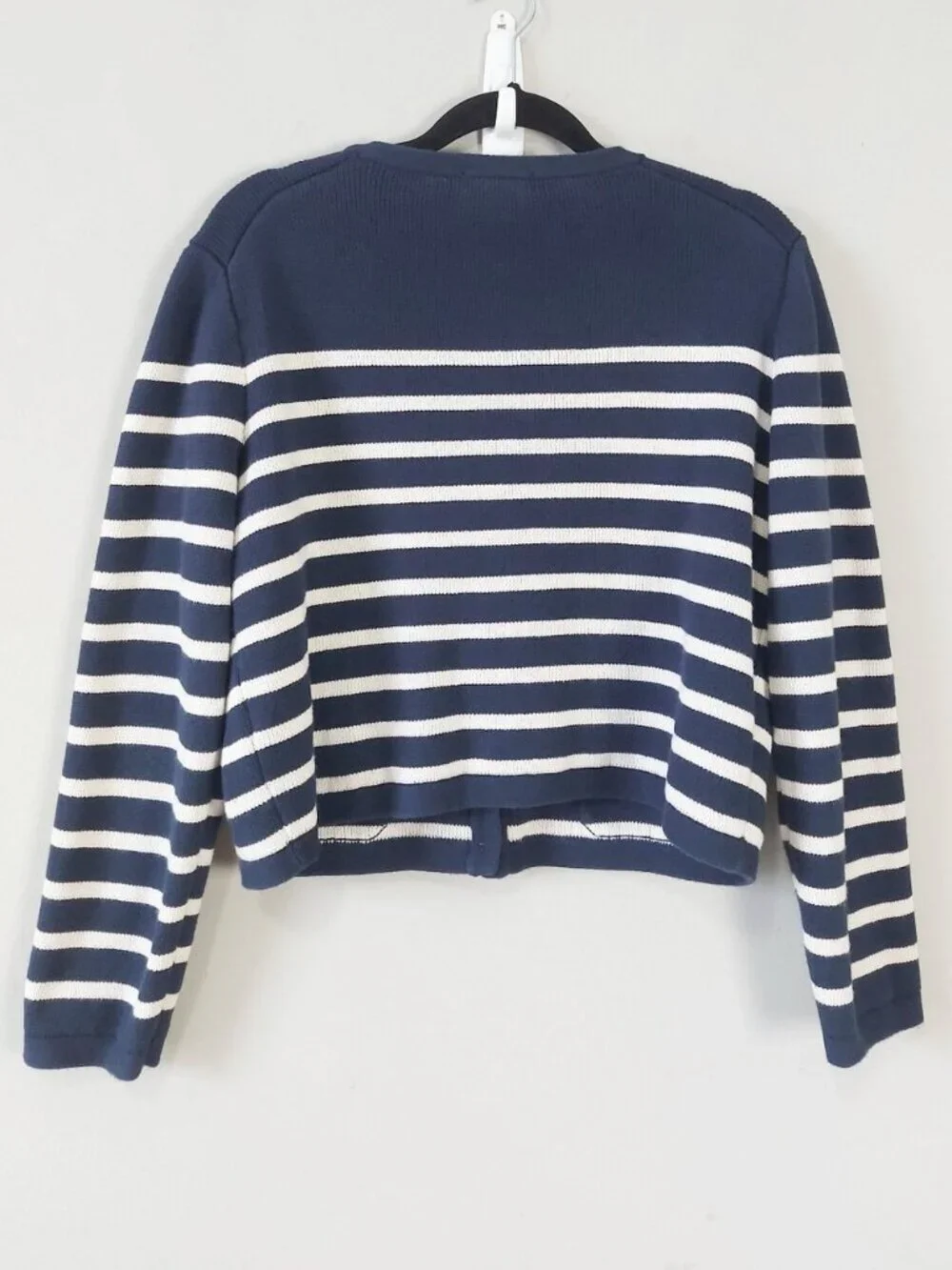 Jcrew Cotton Stripe Emillie Sweater Button Cardigan Large Preppy Classic Pockets